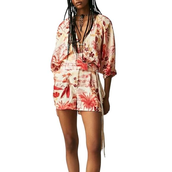 NWT Agua Bendita Linnea Shaka Romper Floral Print Wrap V Neck Belted Waist Large
